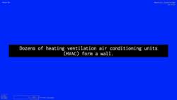 A screenshot of a digital art space with a deep blue background with white text against a black background in the center reading "Dozens of heating ventilation air conditioning units (HVAC) form a wall." In the environment is also small white text in the top left corner with the numbers "-435, 50, -795", a lower-left widget reading "3 Friends Online: miss-sammie, funny tendency, and funny tendency", a text input field with a "CHAT" button, text reading "Your username is funny_tendency,” and text in the top right corner reading "New_Art_City - Virtual Art Space" and “Esc to Exit.”