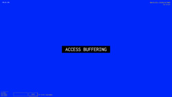 A screenshot of a digital environment with a deep blue background with white text against a black background in the center reading "ACCESS BUFFERING” in uppercase letters. In the environment is also small white text in the top left corner with the numbers "-22,50, -143", a lower-left widget reading "3 Friends Online: miss-sammie, funny tendency, and funny tendency", a text input field with a "CHAT" button, text reading "Your username is funny_tendency,” and text in the top right corner reading "New_Art_City - Virtual Art Space" and “Esc to Exit.”