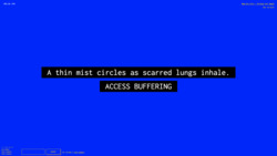 A screenshot of a digital art space with a deep blue background with white text against a black background in the center reading "A thin mist circles as scarred lungs inhale.” and “ACCESS BUFFERING” in uppercase letters. In the environment is also small white text in the top left corner with the numbers "-509, 50, -994", a lower-left widget reading "3 Friends Online: miss-sammie, funny tendency, and funny tendency", a text input field with a "CHAT" button, text reading "Your username is funny_tendency,” and text in the top right corner reading "New_Art_City - Virtual Art Space" and “Esc to Exit.”