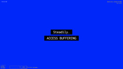 A screenshot of a digital art space with a deep blue background with white text against a black background in the center reading "Steadily.” and “ACCESS BUFFERING” in uppercase letters. In the environment is also small white text in the top left corner with the numbers "-541, 50, -1001", a lower-left widget reading "3 Friends Online: miss-sammie, funny tendency, and funny tendency", a text input field with a "CHAT" button, text reading "Your username is funny_tendency,” and text in the top right corner reading "New_Art_City - Virtual Art Space" and “Esc to Exit.”
