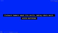 A screenshot of a digital art space with a deep blue background with white text against a black background in the center reading "Clockwork hammers smack tiny anvils, making robots march.” and “ACCESS BUFFERING” in uppercase letters. In the environment is also small white text in the top left corner with the numbers "-676, 50, -1410", a lower-left widget reading "3 Friends Online: miss-sammie, funny tendency, and funny tendency", a text input field with a "CHAT" button, text reading "Your username is funny_tendency,” and text in the top right corner reading "New_Art_City - Virtual Art Space" and “Esc to Exit.”