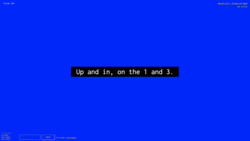 A screenshot of a digital art space with a deep blue background with white text against a black background in the center reading "Up and in, on the 1 and 3.” In the environment is also small white text in the top left corner with the numbers "-716, 50, -1501", a lower-left widget reading "3 Friends Online: miss-sammie, funny tendency, and funny tendency", a text input field with a "CHAT" button, text reading "Your username is funny_tendency,” and text in the top right corner reading "New_Art_City - Virtual Art Space" and “Esc to Exit.”