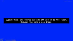 A screenshot of a digital art space with a deep blue background with white text against a black background in the center reading "Gypsum dust and debris cascade off and on to the floor. Between the ears a pin drops." In the environment is also small white text in the top left corner with the numbers "-947, 50, -2071", a lower-left widget reading "3 Friends Online: miss-sammie, funny tendency, and funny tendency", a text input field with a "CHAT" button, text reading "Your username is funny_tendency,” and text in the top right corner reading "New_Art_City - Virtual Art Space" and “Esc to Exit.”