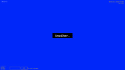 A screenshot of a digital art space with a deep blue background with white text against a black background in the center reading "Another.” In the environment is also small white text in the top left corner with the numbers "-958, 50, -2117", a lower-left widget reading "3 Friends Online: miss-sammie, funny tendency, and funny tendency", a text input field with a "CHAT" button, text reading "Your username is funny_tendency,” and text in the top right corner reading "New_Art_City - Virtual Art Space" and “Esc to Exit.”