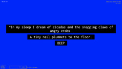 A screenshot of a digital art space with a deep blue background with white text against a black background in the center reading "’In my sleep I dream of cicadas and the snapping claws of angry crabs. A tiny nail plummets to the floor.” and “BEEP” in uppercase letters. In the environment is also small white text in the top left corner with the numbers "-100, 50, -2188", a lower-left widget reading "3 Friends Online: miss-sammie, funny tendency, and funny tendency", a text input field with a "CHAT" button, text reading "Your username is funny_tendency,” and text in the top right corner reading "New_Art_City - Virtual Art Space" and “Esc to Exit.”