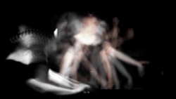 Blurred image of the dynamic movement of an unrecognizable subject in black clothing against a dark background.

Abstract black and white image with blurred illumination that resembles the curvature of a human figure in a dynamic pose, extending movements into gesture calligraphy.