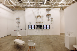 5 sculptures, wooden frames threaded with masses of tubes hang from a ceiling grid framed by white gallery walls and white furniture. Three screens are mounted on the back wall.