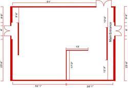 Red floor plan drawing of a building layout with labeled dimensions, including a marked "Main Entrance", on a white background. The plan shows various walls and rooms outlined with measurements given in feet and inches.