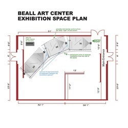 A detailed plan of the Beall Art Center Exhibition Space featuring dimensions, layout of walls, and notes regarding potential placement of objects and partitions such as scrims, tables, and the separation of space. Main entrance and entry point are labeled, with various measurements annotated in feet and inches. The plan is shown in gray on a white background with red outlines and text.