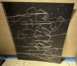 A dense field of intersecting lines in white, yellow, and red moves horizontally and diagonally across a black ground. The lines vary between rigid geometric segments and loose, looping gestures, suggesting layered pathways or signal routes. Small scattered dots punctuate the space, implying intermittent sonic events or sparks within a larger network. The composition reads as a chaotic but intentional mapping of overlapping trajectories.