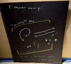 A more instructional layout combining text and symbols. Handwritten phrases such as 'thunder train,' 'midnight sky,' and 'behind glass' appear alongside arrows, loops, and directional lines. A circular motion is drawn on the left, while parallel arrows extend horizontally on the right. Small clustered marks indicate points of activity. The layout suggests spatial behaviors—circling, passing, muffling—and conditional listening zones.