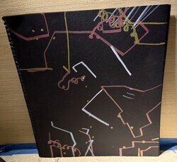 A composition dominated by angular red and white pathways that form irregular geometric shapes. Yellow looping lines weave through these structures, creating contrast between rigid boundaries and fluid motion. Small dots appear intermittently, acting as nodes or points of interaction. The overall feel is of mapped zones with embedded dynamic gestures.