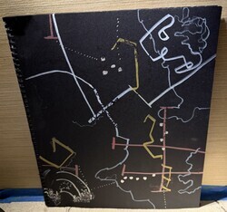 A composition with a mix of curved and angular elements. Yellow zigzag forms intersect with red linear paths, while white outlines define irregular shapes. Dotted arcs and clusters suggest radiating or pulsing energy. The arrangement feels like a spatial map of interactions, with directional crossings and layered motion paths.