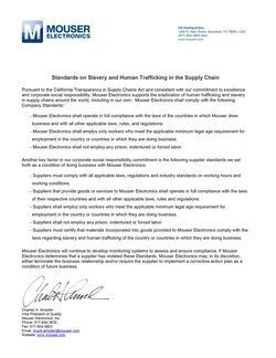 A digital document titled “Mouser Electronics Standards on Slavery and Human Trafficking in the Supply Chain.” Sourced from the website of a materials supplier, the document outlines the company’s commitments and policies aimed at preventing slavery and human trafficking within their electronics sourcing and supply chain practices.