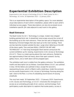 An text description that tours the E.A.A.T. exhibition. It visually describes the exhibition space, the artists works and their arrangement within the Beall Gallery space.