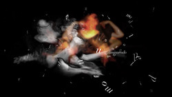 Abstract blurred image of a person in motion with a trail of letters from dynamic markings used in musical notation suggesting movement, set against a dark background with some regions illuminated in reddish hues.