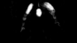 Abstract black and white image with blurred illumination that resembles the curvature of a human figure in a dynamic pose raising their hands, extending movements into gesture calligraphy.