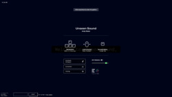 A dark screen with a user interface for a digital environmentvirtual gallerytitled "Unseen Sound" by Andy Slater. The center of the screen shows instructions for movement using 'WASD' or arrow keys, looking around with the mouse, and accessing the menu with the escape key. There is a prompt at the top reading "Click anywhere to enter the gallery." Below the instructions are icons for a guestbook, screenshot tool, and catalog, as well as a slider to adjust art volume. In the bottom left corner, a chat interface shows "2 Friends Online" and a field to type messages.