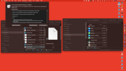 Screenshot of a macOS desktop with multiple open windows, one is a Finder window with folders and files with the file “Sinewaves alias” selected, another is a Finder window with Applications, another is an update notification for Keyboard Maestro software. The desktop background is red, various folders and files lie on the right side of the desktop, and the dock with various application icons is visible on the right side at the bottom of the screen.