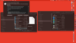 Screenshot of a macOS desktop with multiple open windows, one is a Finder window with folders and files with the file “Sinewaves alias” selected, another is a Finder window with Applications, another is an update notification for Keyboard Maestro software. The desktop background is red, various folders and files lie on the right side of the desktop, and the dock with various application icons is visible on the right side of the screen.