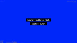 A screenshot of a digital art space with a deep blue background with white text against a black background in the center reading "bouncy bullets high” and “static burst.” In the environment is also small white text in the top left corner with the numbers "-37, 50, -176", a lower-left widget reading "3 Friends Online: miss-sammie, funny tendency, and funny tendency", a text input field with a "CHAT" button, text reading "Your username is funny_tendency,” and text in the top right corner reading "New_Art_City - Virtual Art Space" and “Esc to Exit.”