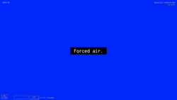 A screenshot of a digital art space with a deep blue background with white text against a black background in the center reading "Forced air.” In the environment is also small white text in the top left corner with the numbers "-188, 50, -454", a lower-left widget reading "3 Friends Online: miss-sammie, funny tendency, and funny tendency", a text input field with a "CHAT" button, text reading "Your username is funny_tendency,” and text in the top right corner reading "New_Art_City - Virtual Art Space" and “Esc to Exit.”