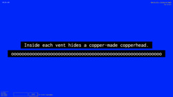 A screenshot of a digital art space with a deep blue background with white text against a black background in the center reading "Inside each vent hides a copper-made copperhead.” and the letter ‘o’ repeating. In the environment is also small white text in the top left corner with the numbers "-383, 50, -558", a lower-left widget reading "3 Friends Online: miss-sammie, funny tendency, and funny tendency", a text input field with a "CHAT" button, text reading "Your username is funny_tendency,” and text in the top right corner reading "New_Art_City - Virtual Art Space" and “Esc to Exit.”