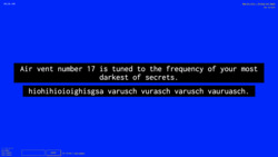 A screenshot of a digital art space with a deep blue background with white text against a black background in the center reading "Air vent number 17 is tuned to the frequency of your most darkest of secrets.” Below it, there's nonsensical text reading "hiohihioioighgsa varusch varusch varusch vaurausch." In the environment is also small white text in the top left corner with the numbers "-383, 50, -658", a lower-left widget reading "3 Friends Online: miss-sammie, funny tendency, and funny tendency", a text input field with a "CHAT" button, text reading "Your username is funny_tendency,” and text in the top right corner reading "New_Art_City - Virtual Art Space" and “Esc to Exit.”