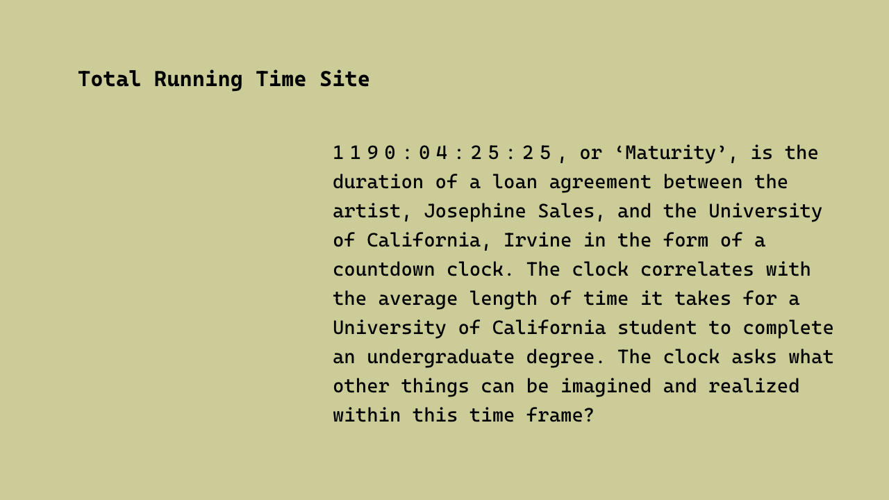 <em>Total running time</em> in cinematic terms refers to the duration of a moving image work, implying a beginning, middle, and end. This assumption of linear time draws on capitalist and ableist notions of productivity. Capitalism produces ‘disability’ through exclusion as a category with its own orientation to time and modes of production. What is a time that includes the expanses of illness or disability? What is a time that accounts for the duration within carceral institutions and premature loss due to state violence?
Within the exhibition format, ‘Total Running Time’ documents the material entanglements between incarceration, disabled life, labor, and the extraction of time.
<em>Total Running Time</em> comprises four works
<em>Rescue</em>, an anagram of the word ‘secure,’ spans two walls in a 5-foot tall shallow plaster relief accompanied by two geometric forms large enough to sit on. Rescue invites viewers to contemplate their relationships to crisis and care.
<em>Pulses</em> is a fifteen-minute telephone call through the prison telecommunication system, the maximum length permitted for calls between an incarcerated person and the free world. The piece vibrates through transducers embedded within the wall. This tactile sonic arrangement is punctuated by periodic reminders that the telephone line is being surveilled and counts down the remaining call duration.
<em>Day for Night</em>, an expanded cinema work, is two clocks illuminating the room, made of prepared 5K kelvin circadian optic light panels generically used to mimic sunshine. It runs on two security timers. Viewers are invited to experience sunlight on two different timelines: the first, a constant 24-hour day; the second, once an hour.
<em>Total Running Time Site</em> is an auxiliary exhibition site and digital sourcebook available on loan to <a href="https://beallcenter.uci.edu/">Beall Center for Art + Technology</a>, UC Irvine, for an extended period beyond the exhibition run. The site is available through the university domain and invites remote and site-specific engagement. Each work on the digital platform is a companion to artworks on view between September 30, 2023, and January 13, 2024.
Across these works, <em>Total Running Time</em> explores temporalities of care, abstracting the halted rhythms of the day and strictly controlled telecommunications for incarcerated people. Scrambled text, interrupted messages, light without the sun: using gestures of disrupted social and sensorial experience to interrogate the material entanglements between incarceration, disabled life, labor, and the extraction of time.