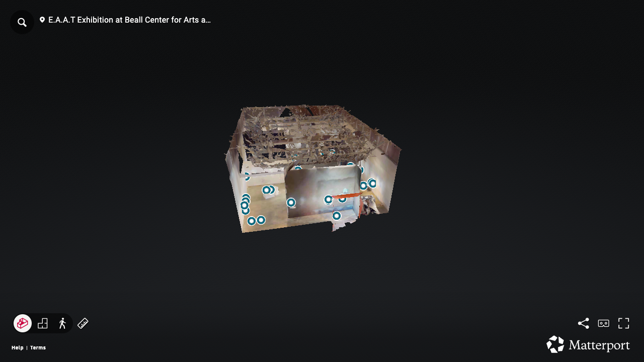 Interactive Matterport virtual tour of the E.A.A.T. exhibition at the Beall Center for Art and Technology. The tour allows visitors to navigate a three-dimensional scan of the exhibition space. This embedded experience is not accessible to screen readers and does not provide text descriptions of the artworks or navigation controls. We have, however, created an accessible alternative in the form of a text adventure game.